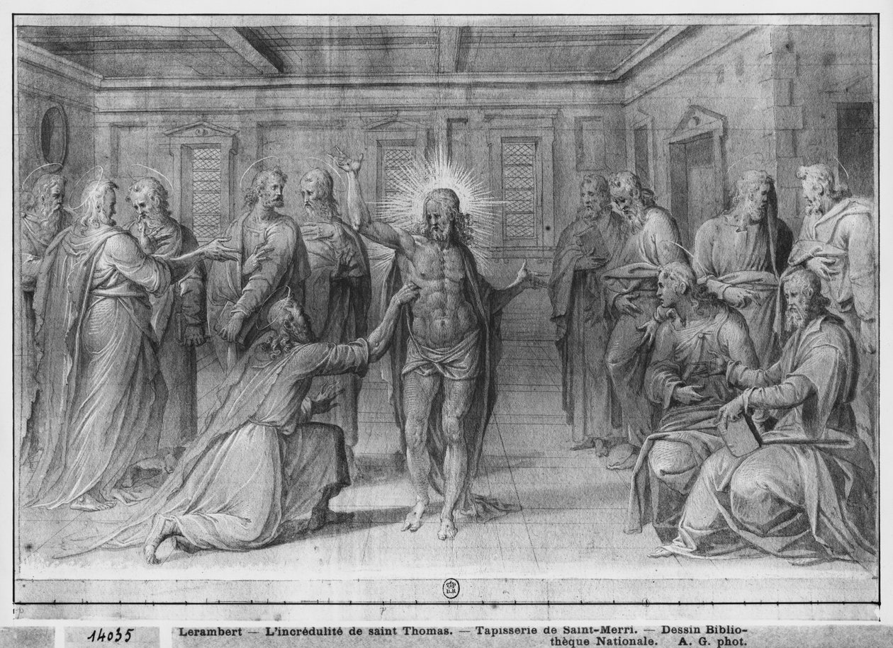 Vida de Cristo, Incredulidad de Santo Tomás, estudio preparatorio de cartón de tapiz para la Iglesia Saint-Merri en París, c.1585-90 de Henri Lerambert