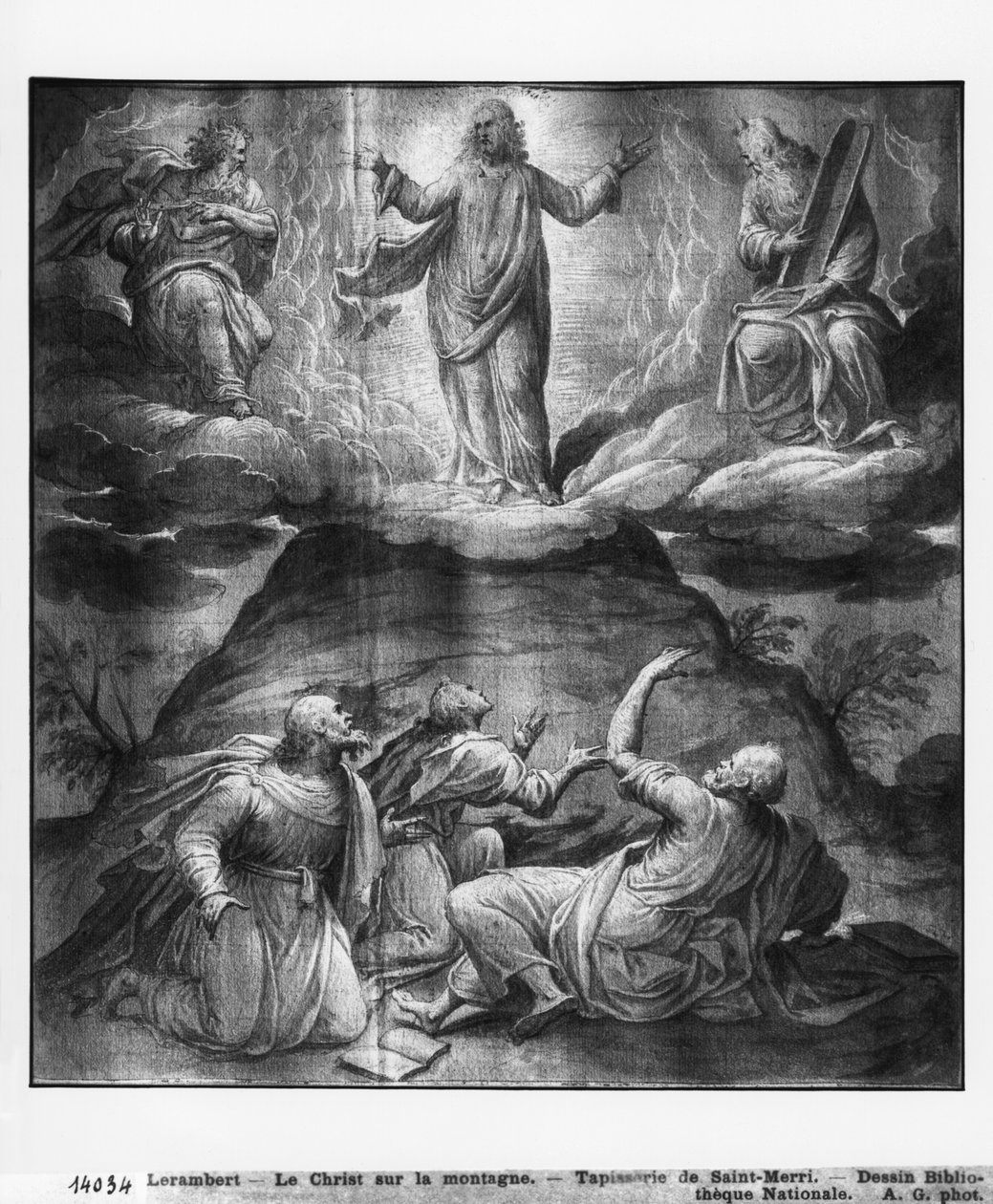 Vida de Cristo, Transfiguración de Cristo en el Monte Tabor, estudio preparatorio de cartón de tapiz para la Iglesia Saint-Merri en París, c.1585-90 de Henri Lerambert