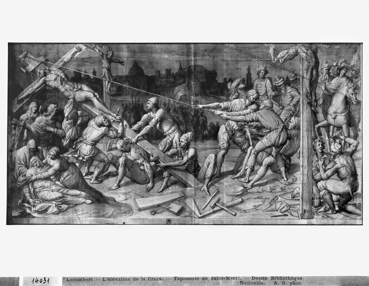 Vida de Cristo, la elevación de la cruz, estudio preparatorio de cartón de tapiz para la Iglesia Saint-Merri en París, c.1585-90 de Henri Lerambert