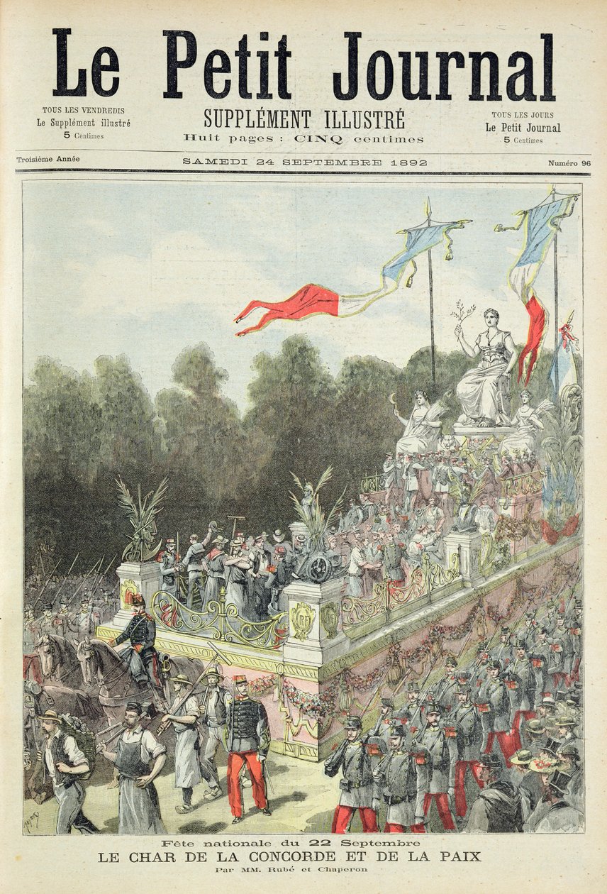 Página de título que representa la fiesta nacional el 22 de septiembre celebrando el centenario de la proclamación de la República, ilustración del suplemento ilustrado de Le Petit Journal, 24 de septiembre de Henri Meyer