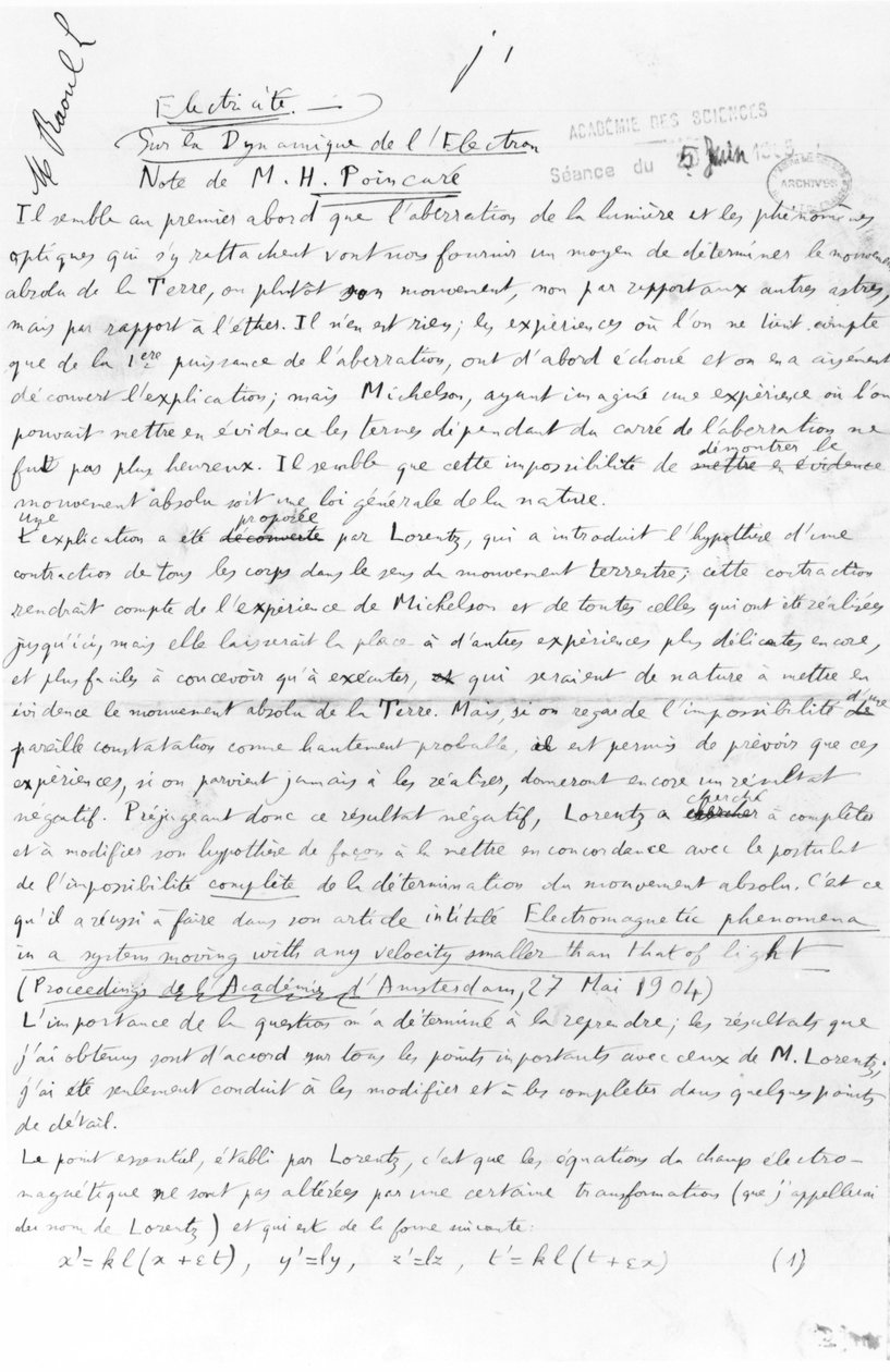 Manuscrito sobre la dinámica del electrón, 5 de junio de 1905 de Henri Poincare