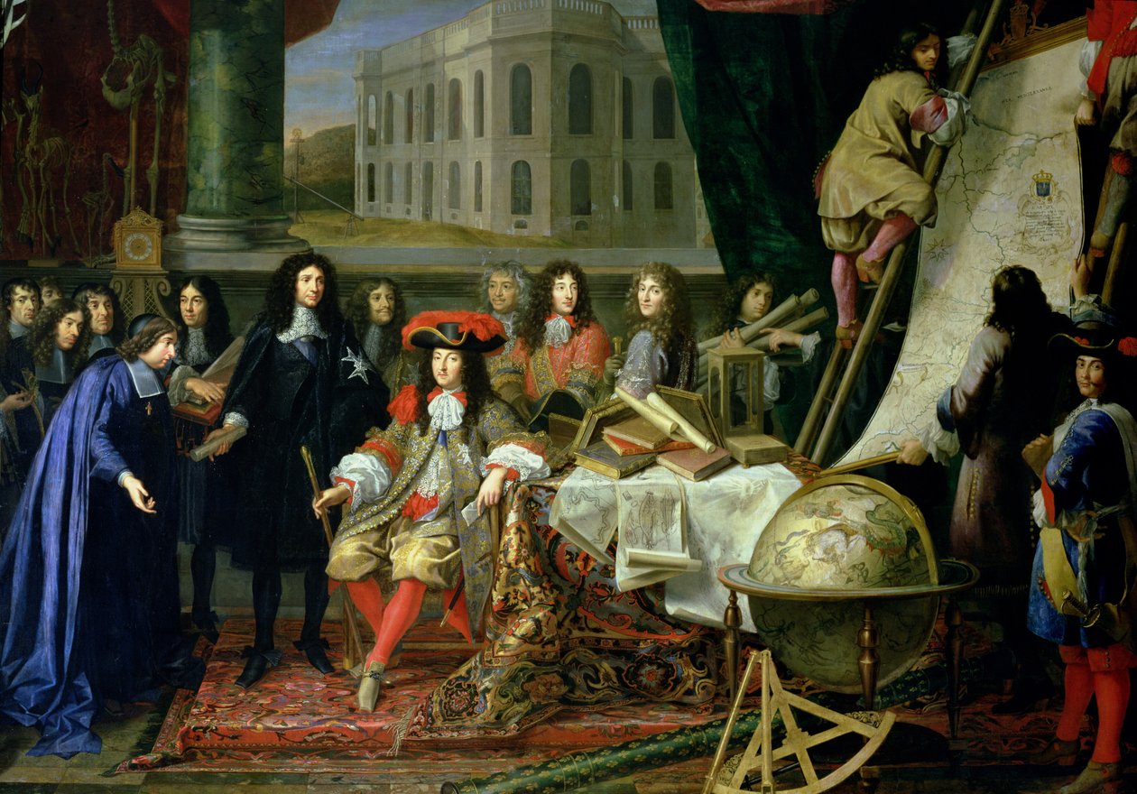 Jean-Baptiste Colbert (1619-83) Presentando a los Miembros de la Real Academia de Ciencias a Luis XIV (1638-1715) c.1667 (detalle) de Henri Testelin