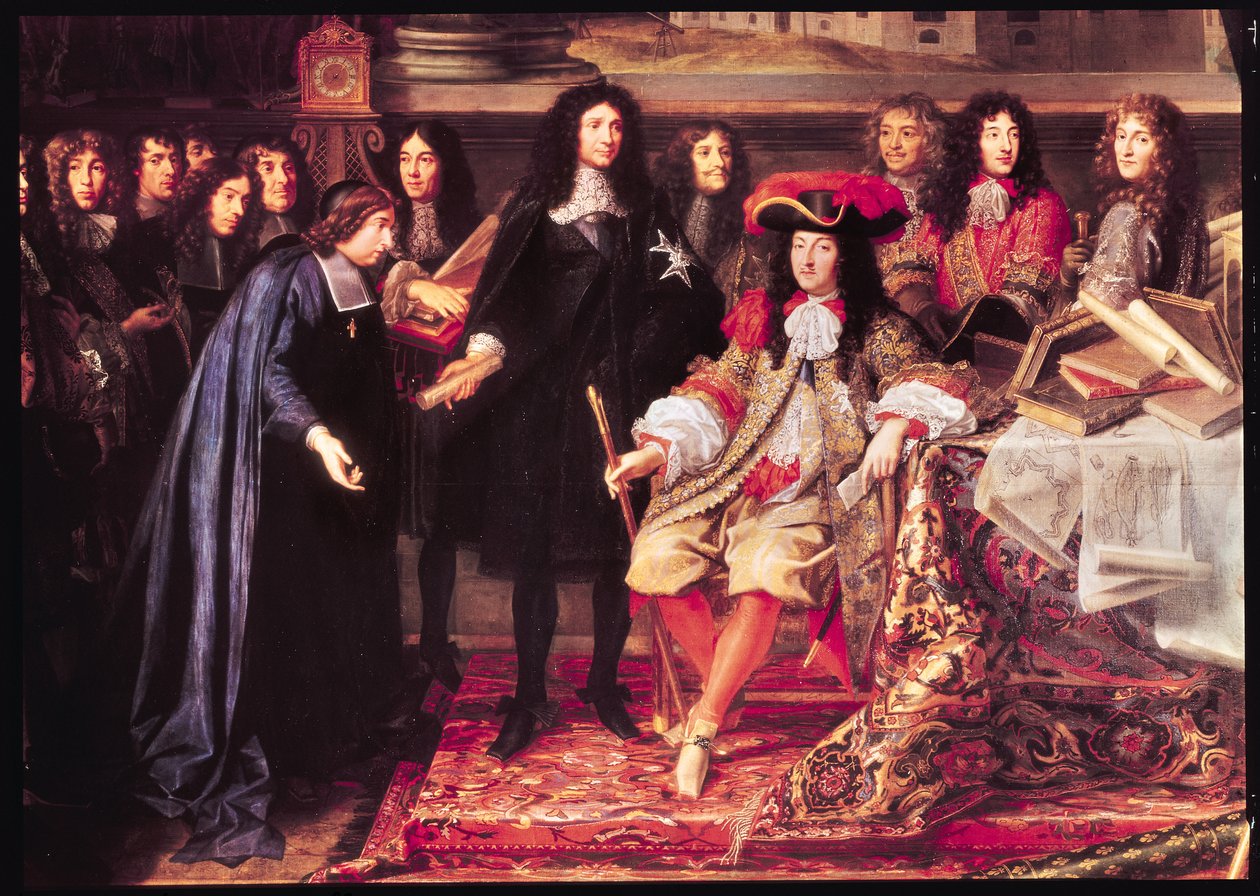 Jean-Baptiste Colbert (1619-83) presentando a los miembros de la Real Academia de Ciencias a Luis XIV (1638-1715) (detalle) de Henri Testelin