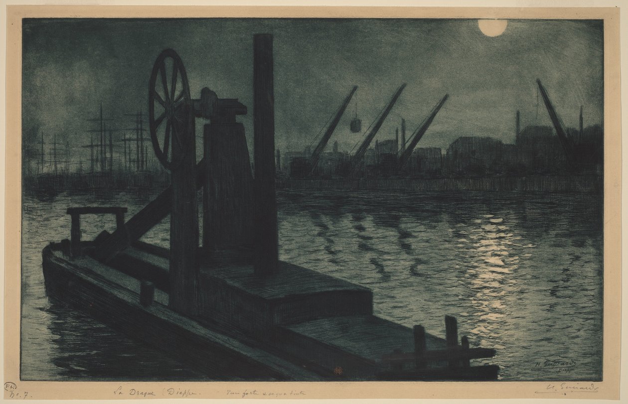La draga de Dieppe, una draga en el puerto de Dieppe a la luz de la luna de Henri-Charles Guérard