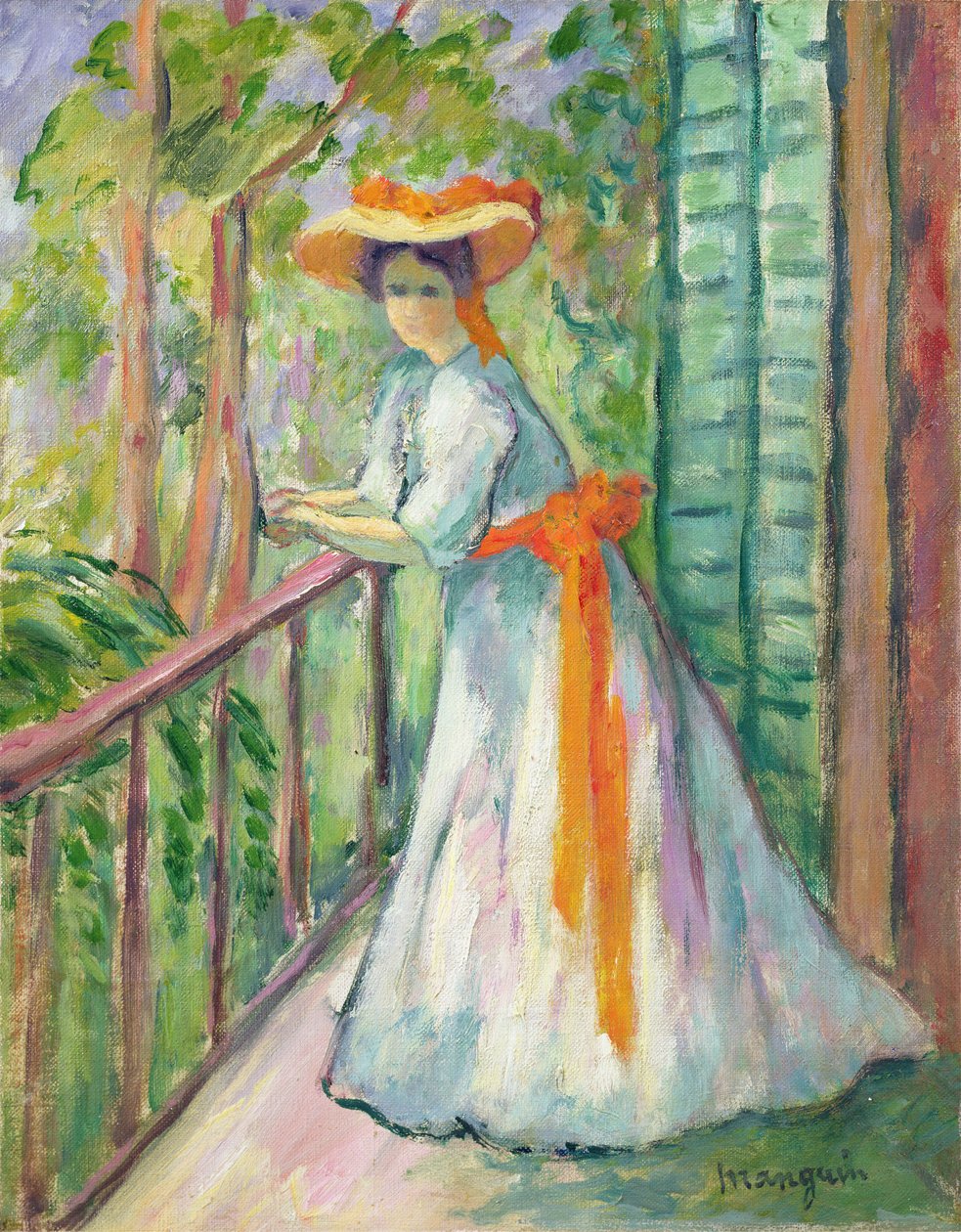Mujer en el balcón o Jeanne con un lazo naranja de Henri Charles Manguin