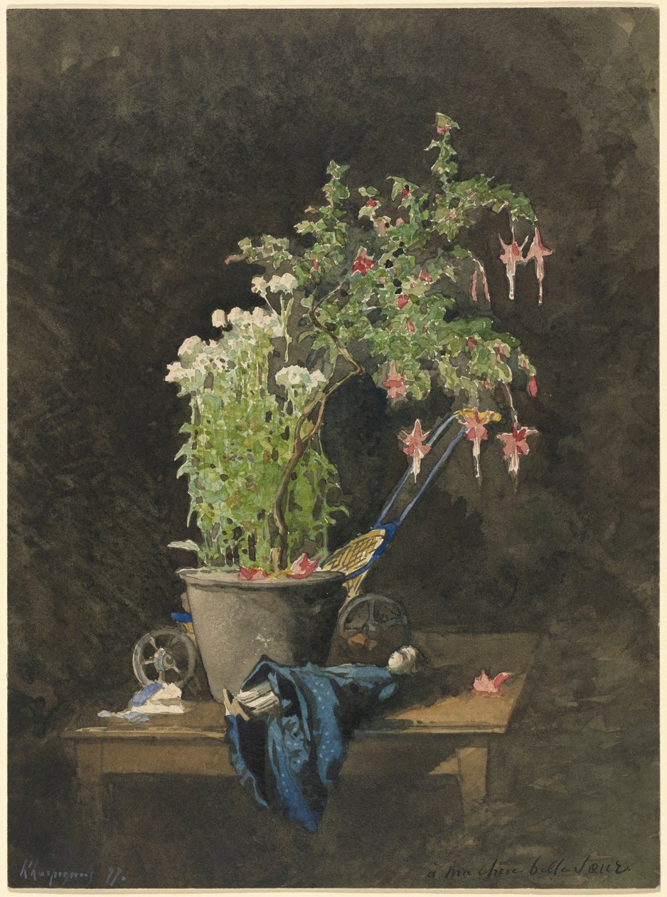 Una fucsia en maceta con juguetes infantiles de Henri-Joseph Harpignies