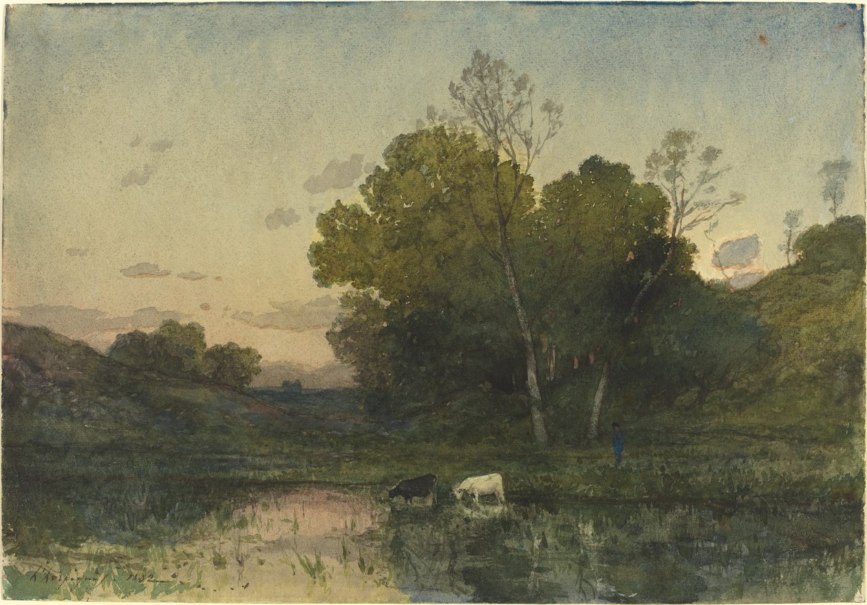 Luz de la tarde en un lago arbolado con ganado bebiendo de Henri-Joseph Harpignies