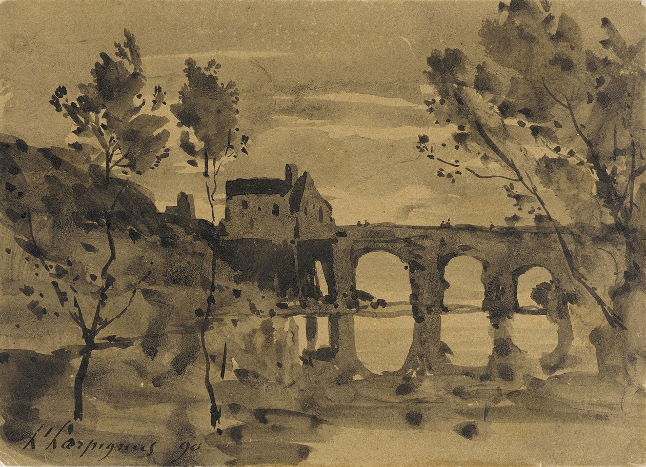 Paisaje fluvial con puente y casa de Henri-Joseph Harpignies
