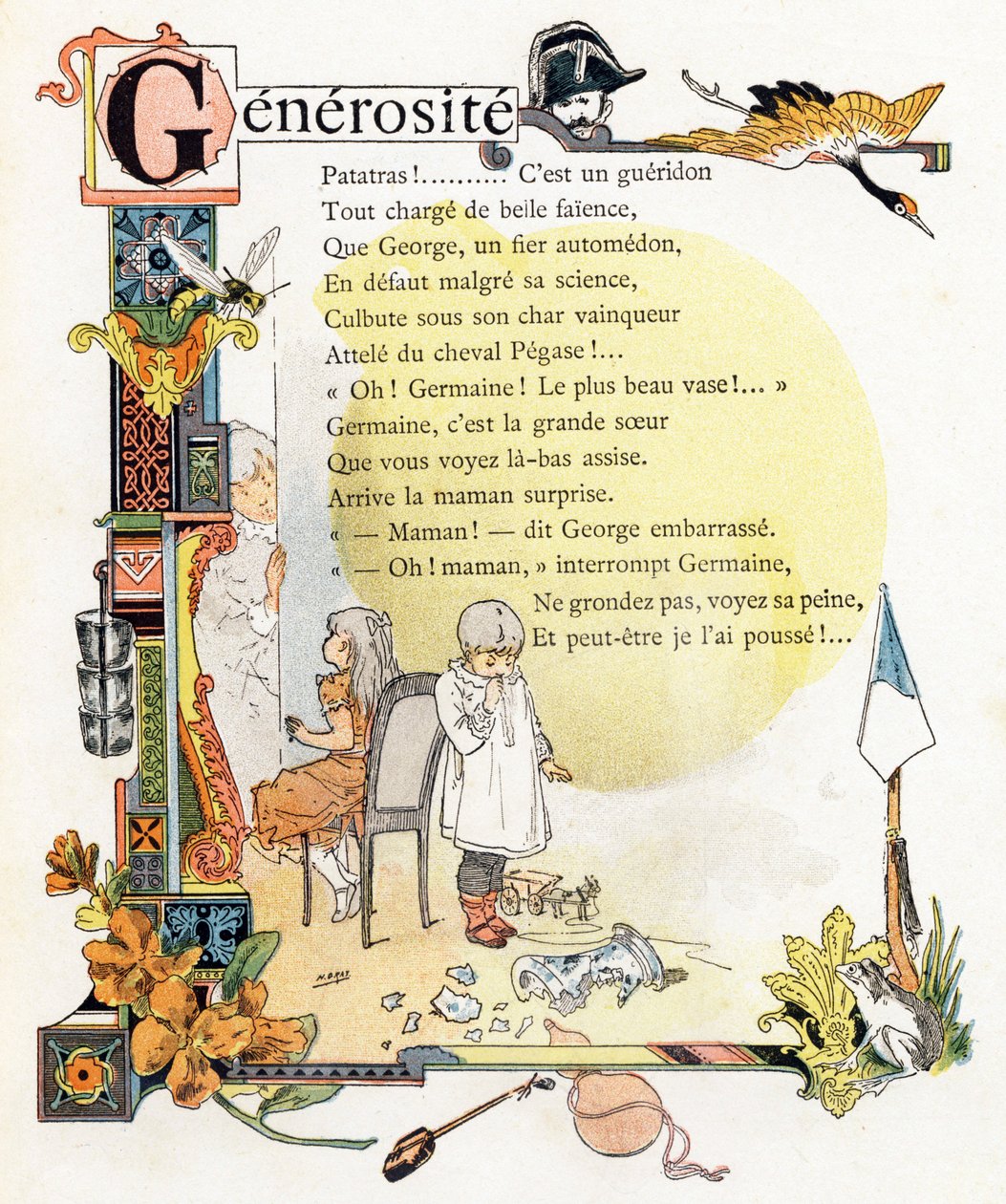 Letra G Generosite - Gendarme Grue Guepe Godets Giroflee Gourde Grenouille - Grabado en "Alphabet des bons exemples" - Jules Levy, editeur - Illustrations de Henri Boulanger, alias Henri Gray (1858-1924). Textos (poemas) de Mme P. Boulanger - Grabado e i de Henri (1858 1924) Gray