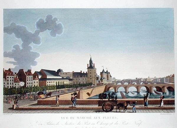 Vista del Mercado de Flores por el Palais de Justice, c.1816-20 de Henri (after) Courvoisier Voisin