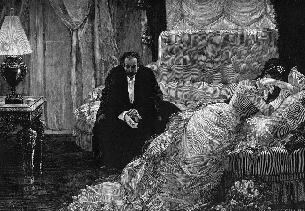 Regreso del baile: una escena de celos entre una mujer llorando y un hombre nerviosamente quitándose los guantes. Grabado después de la pintura de Henri Gervex (1852-1929). En 