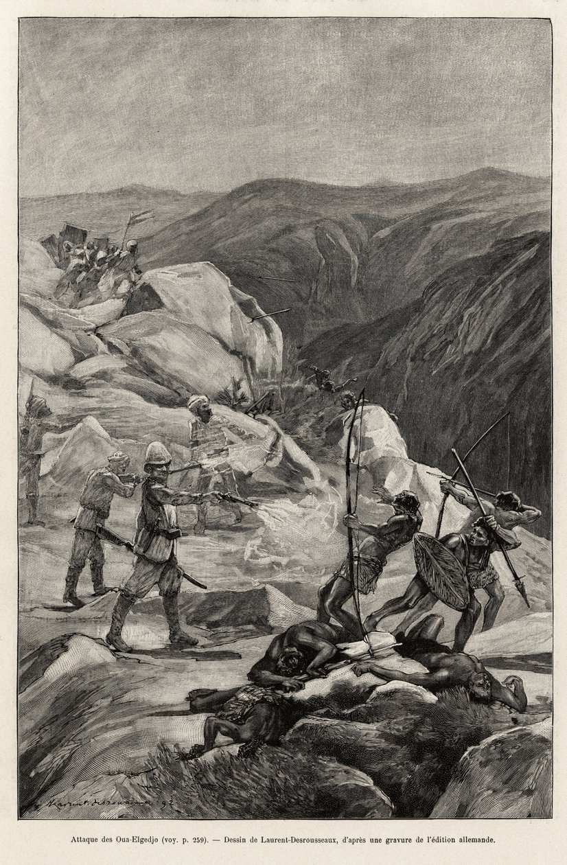 Ataque de Oua-Elgedjo. Grabado de Laurent Desrousseaux para ilustrar la historia "Al rescate de Emin Pacha", del Doctor Peters (1856-1918) de Henri Alphonse Louis Laurent Desrousseaux
