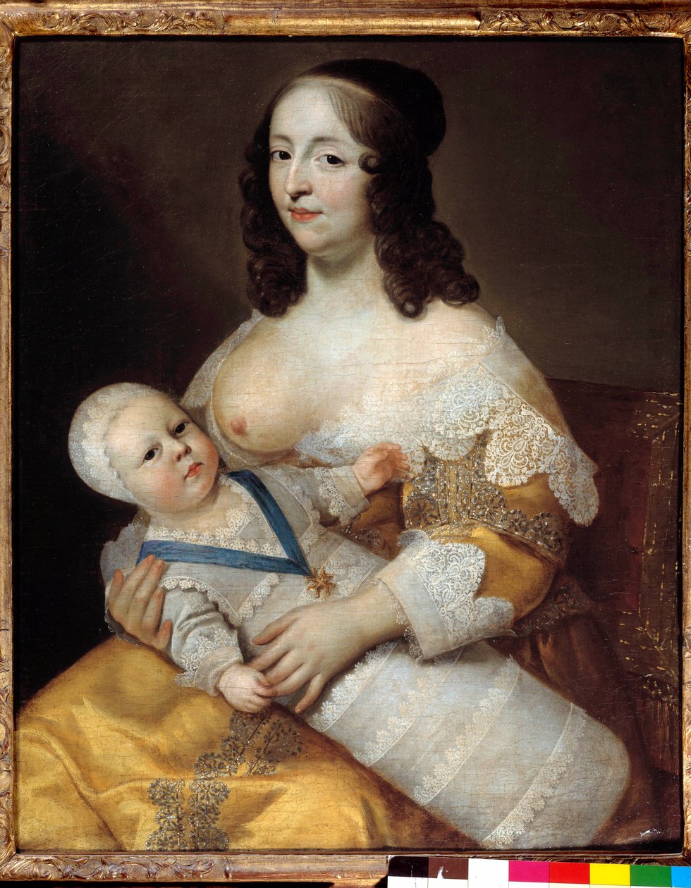 Representación del futuro Rey Luis XIV (1638-1715) bebé, en un traje de baño en los brazos de su nodriza Marie de Longuet de la Giraudiere. El pecho de la mujer está descubierto y listo para amamantar al niño de Henri Beaubrun