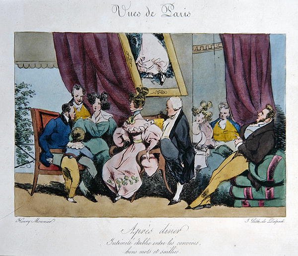 Representación humorística del comportamiento y conversación de los invitados después de la cena, caricatura para 