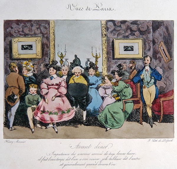 Representación humorística del comportamiento y la conversación de los invitados antes de la cena, grabado por François Seraphin Delpech (1778-1825) de Henri Bonaventure (after) Monnier