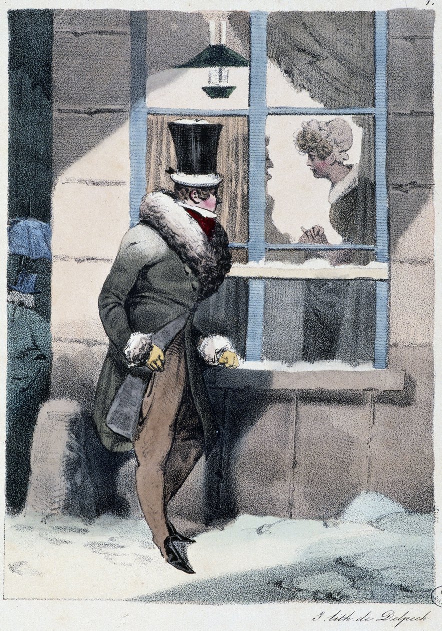 Hombre curioso mirando por la ventana dentro de una casa: "Everyone Takes His Pleasure Where He Finds Him" - en "Les Pastemps" de Henri Monnier, ed. Delpech, París de Henri Bonaventure Monnier