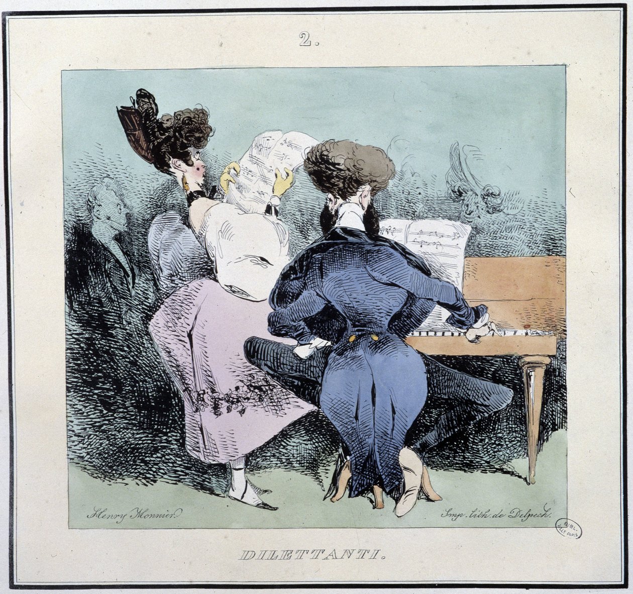 Dilettantes (jóvenes cantando y tocando el piano) - en "Esquisses parisiennes" por Henri Monnier, ed. Delpech, París de Henri Bonaventure Monnier