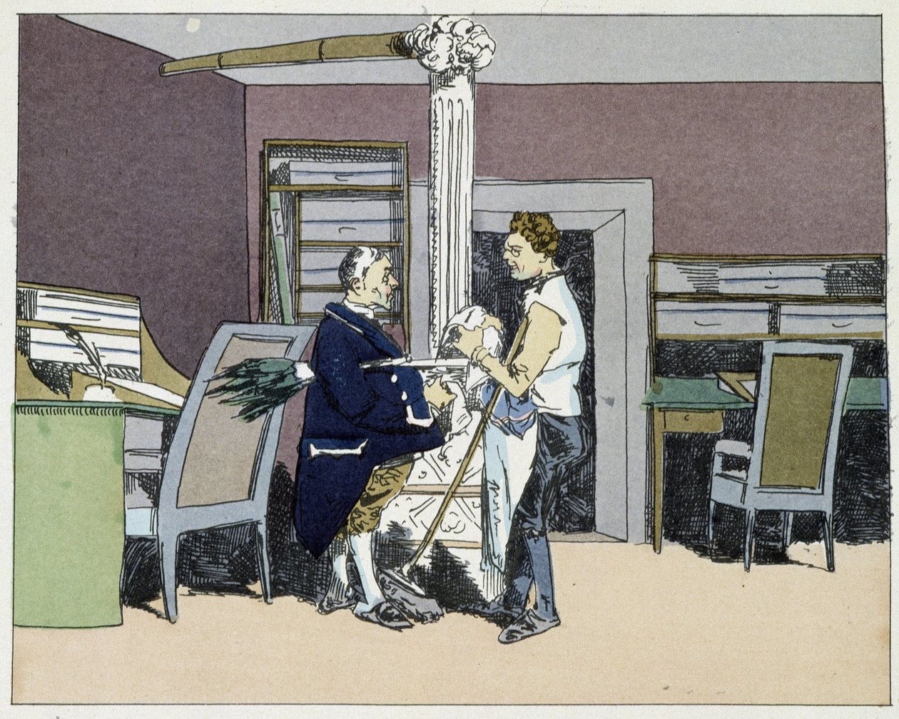 Ocho horas: limpieza de oficinas y discusión política entre chicos de oficina - en "Administrative morals" por Henri Monnier de Henri Bonaventure Monnier