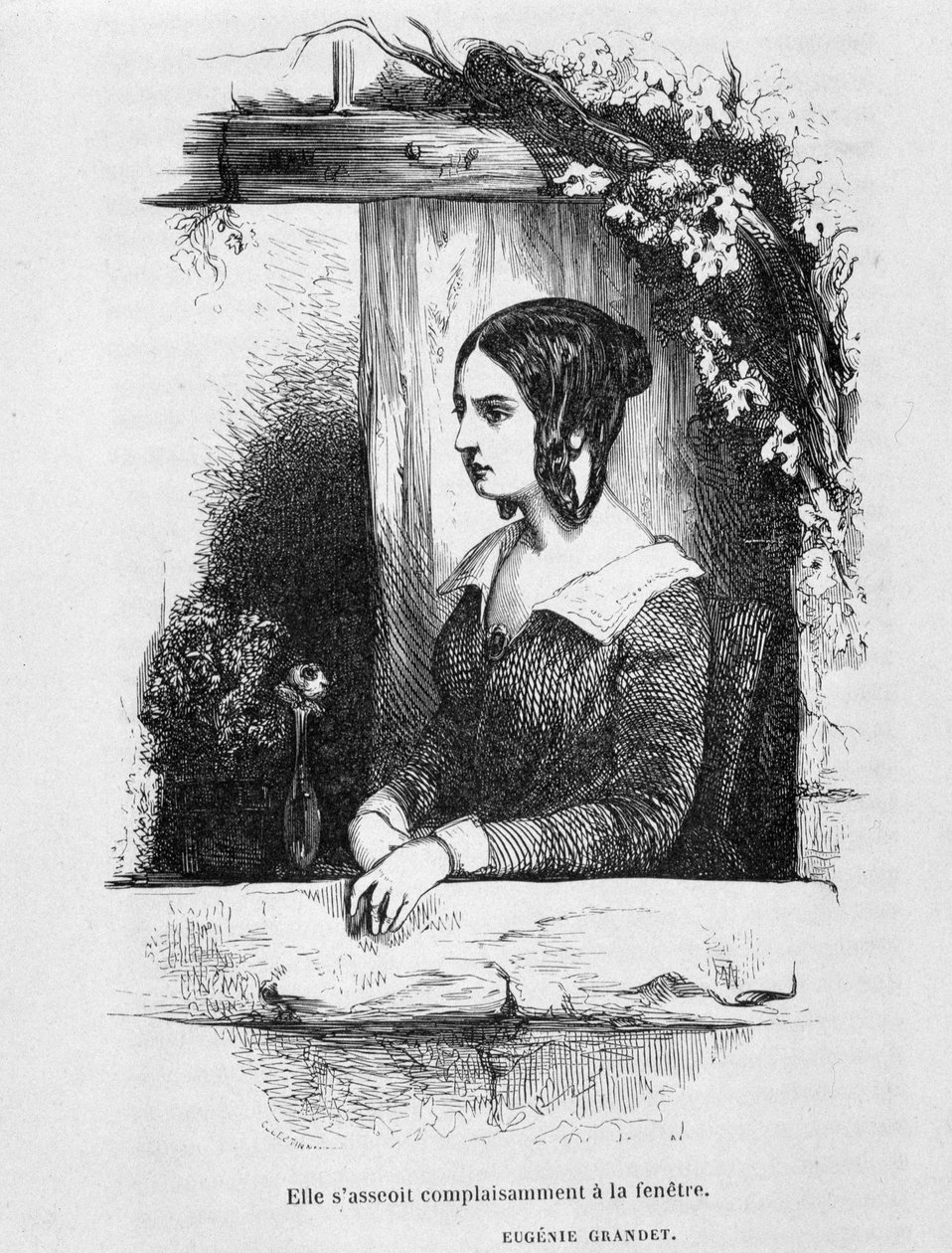 Eugenia Grandet en su ventana - en “Eugenia Grandet” de Balzac, il. Henri Monnier, edición original de 1843 de Henri Bonaventure Monnier