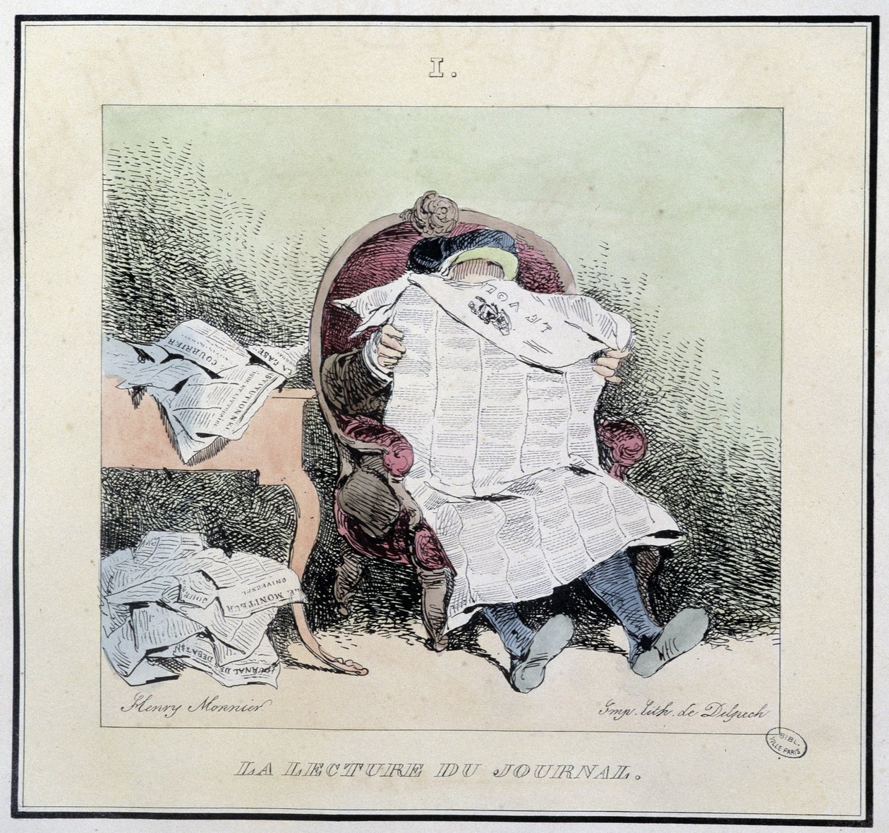 La lectura del periódico - en "Esquisses parisiennes" por Henri Monnier, ed. Delpech, París de Henri Bonaventure Monnier