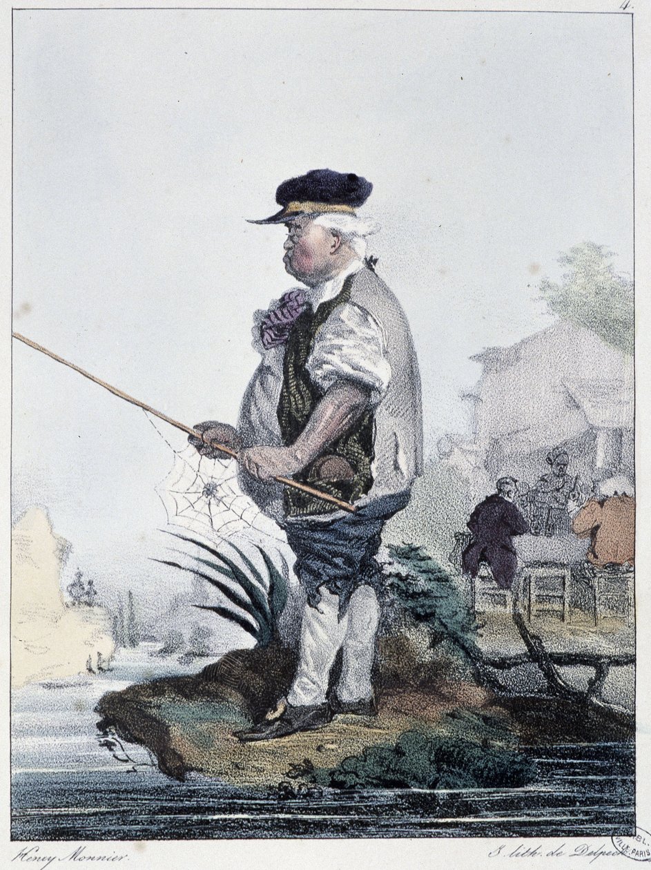 Hombre pescando: “Cada uno toma su placer donde lo encuentra” - en “Les pastemps” por Henri Monnier, ed. Delpech, París de Henri Bonaventure Monnier