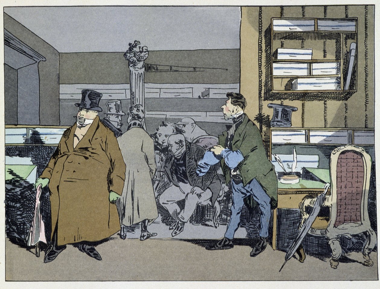 Nueve horas: llegada de empleados, cambio de trajes, pequeño recorrido por la estufa - en "Administrative Mores" de Henri Monnier de Henri Bonaventure Monnier