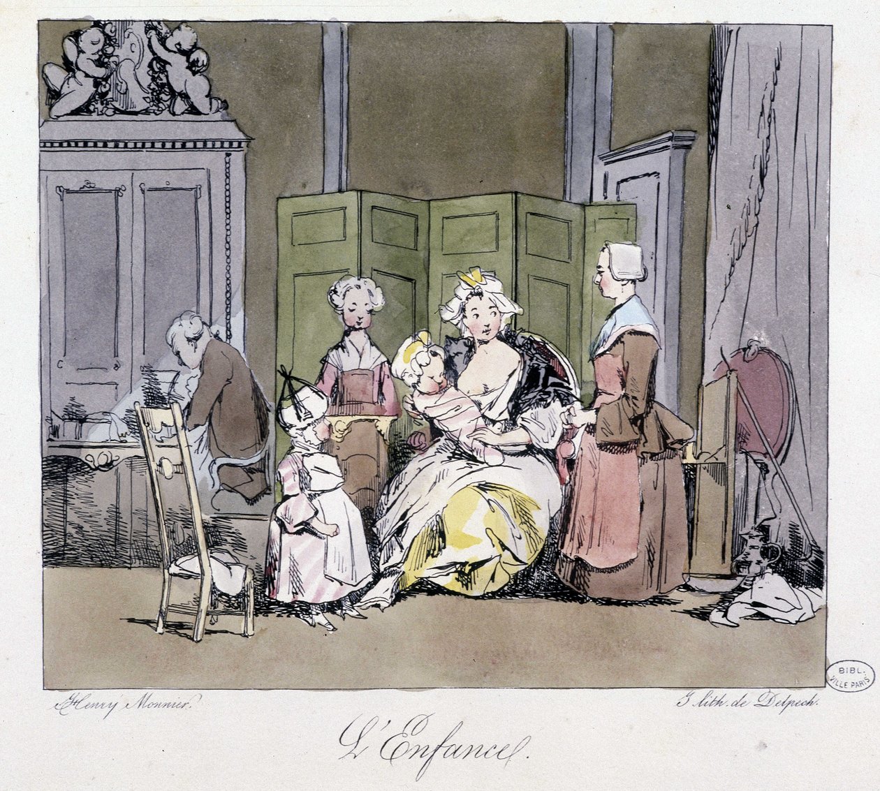 Niñera, sirvientes, bebé y niño en la aristocracia del siglo XVIII - en “Antaño y hoy” de Henri Monnier, ed. Delpech, París de Henri Bonaventure Monnier
