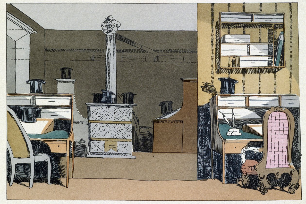 Dos horas: paseos en el interior del Ministerio, sombreros reemplazan a los ausentes - en "Administrative mores" por Henri Monnier de Henri Bonaventure Monnier