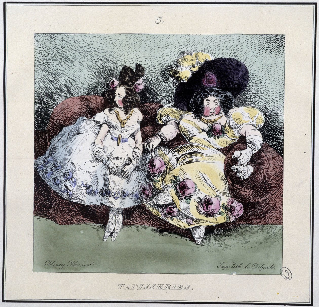 Mujeres feas haciendo "tapestry" sentadas en una sala de estar - en "Parisiennes" de Henri Monnier, ed. Delpech, París de Henri Bonaventure Monnier