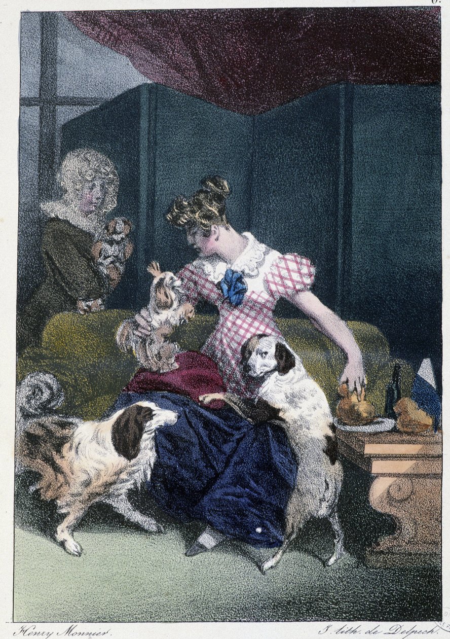 Joven con perros: "Everyone takes his pleasure where he finds him" - en "Les pastemps" de Henri Monnier, ed. Delpech, París de Henri Bonaventure Monnier