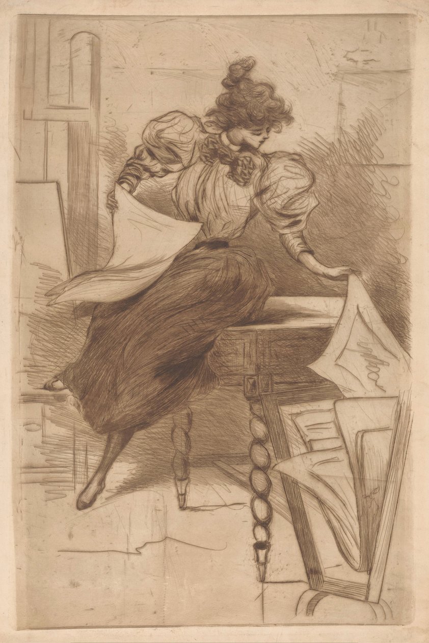 Una mujer ve impresiones en un puesto de impresión de Henri Boutet (possibly)