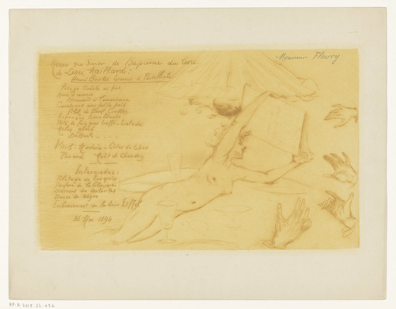 Menú de la cena de celebración de la publicación del libro "Henri Boutet engraver et pastelliste" de Leon Maillard de Henri Boutet