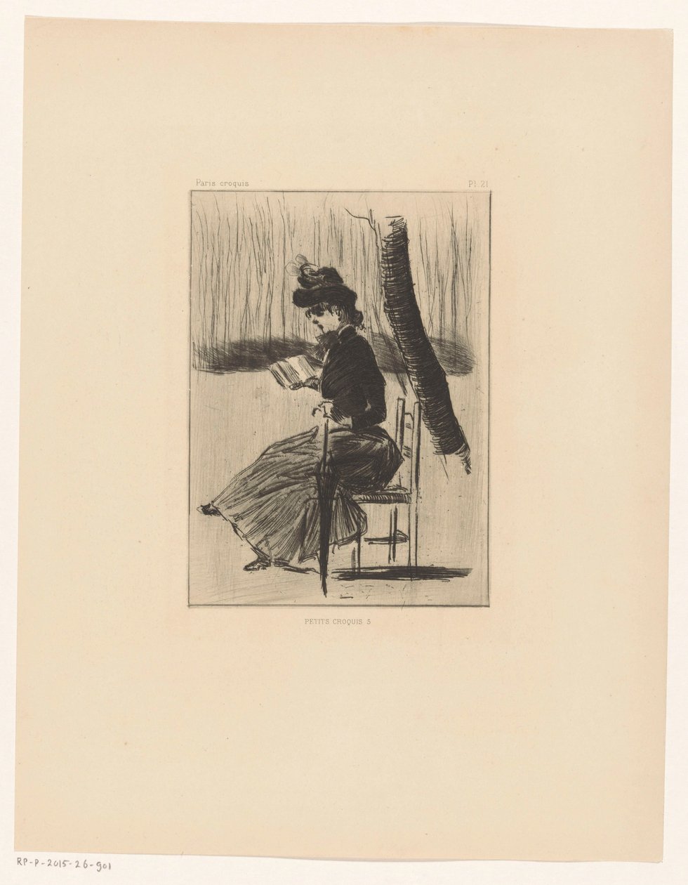 Mujer con un libro y un paraguas en una silla al aire libre
Petits Croquis 5 (título en el objeto) de Henri Boutet
