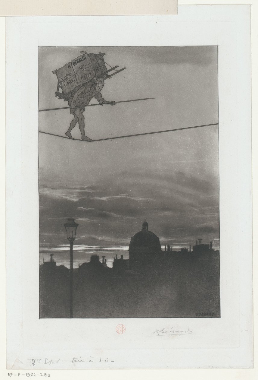 Equilibrista con paquete en la espalda sobre una ciudad Portada para: Henri Béraldi, Les Graveurs du XIXe siècle (...), 1888 de Henri Charles Guérard (signed by artist)