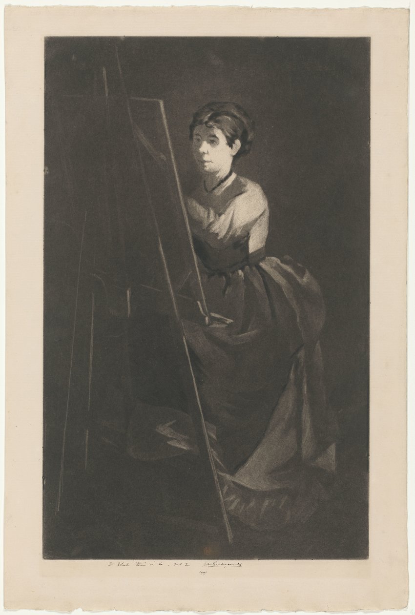 Retrato de Eva Gonzalès delante de un caballete de Henri Charles Guérard (signed by artist)