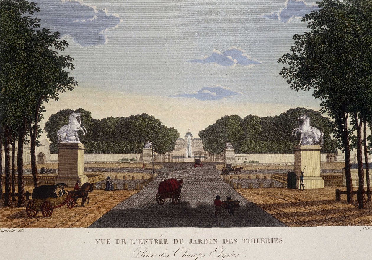 Entrada del Jardín de las Tuileries vista de los Campos Elíseos, circa 1820 - en "Vues de Paris" de Henri Courvoisier Voisin