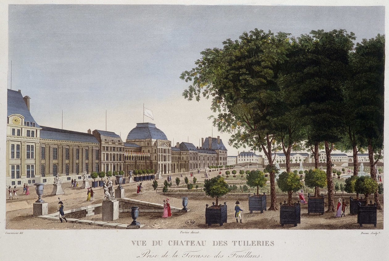 Jardín y Chateau des Tuileries visto desde la terraza de Les Feuillans. Grabado por Courvoisier de Henri Courvoisier Voisin