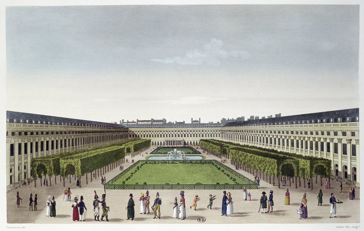 Vista de los jardines del Palais Royal, vista desde las Galerías de Bois, grabado por Aubert Fils, c.1815-20 de Henri Courvoisier Voisin