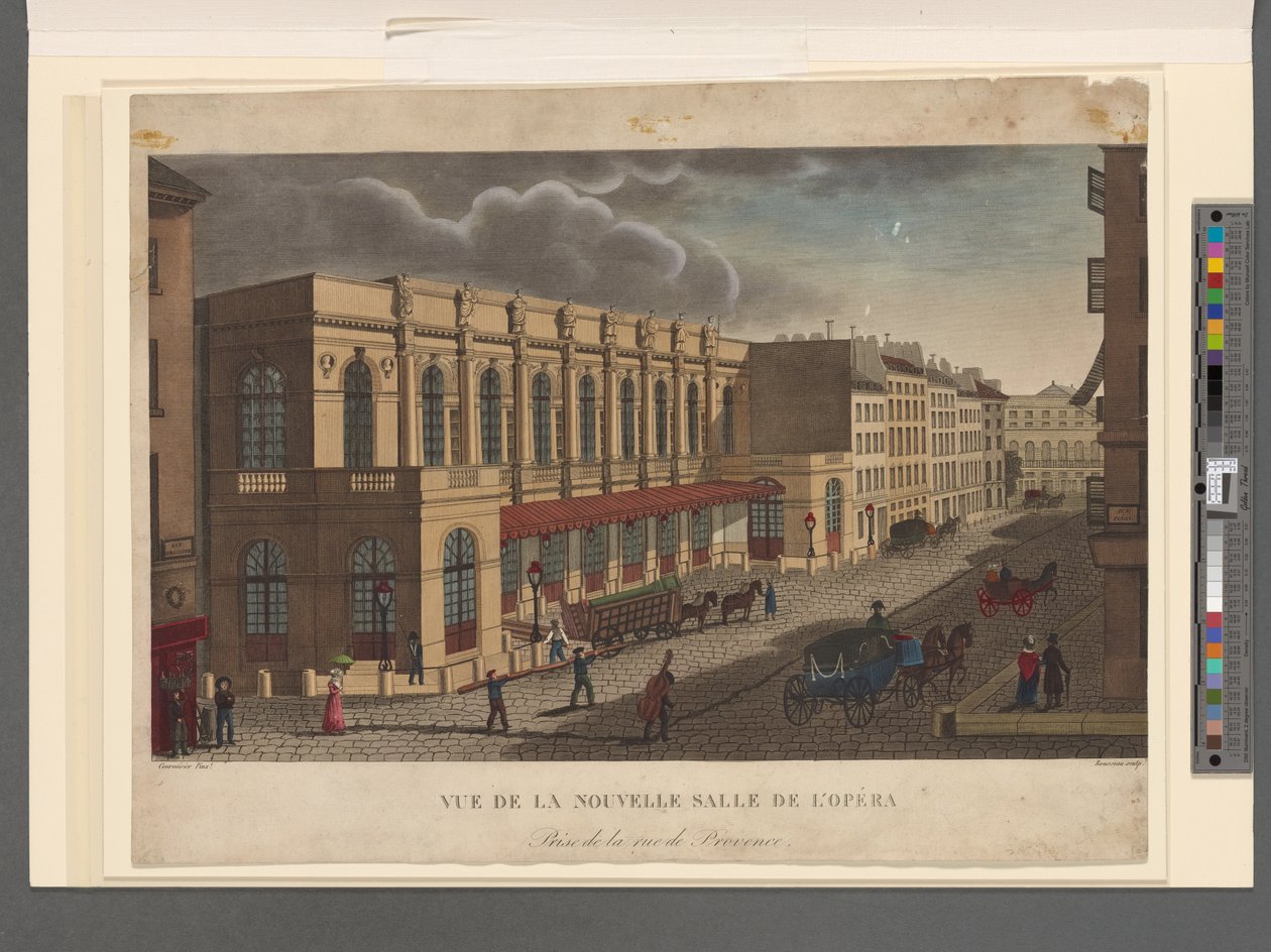 Vista de la nueva sala de la Ópera tomada desde la calle de Provence, grabado por Rousseau, c.1821 de Henri Courvoisier Voisin