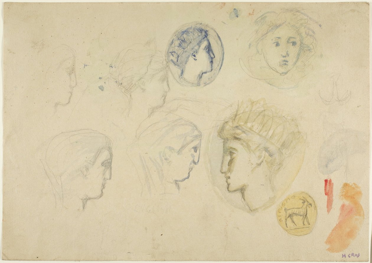 Bocetos: Cabezas de perfil, monedas o medallas (recto); Árboles (verso) de Henri Cros
