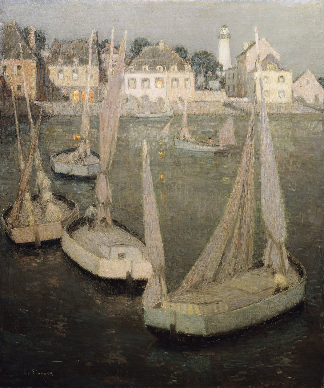 Puerto bretón a la luz de la luna de Henri Eugene Augustin Le Sidaner