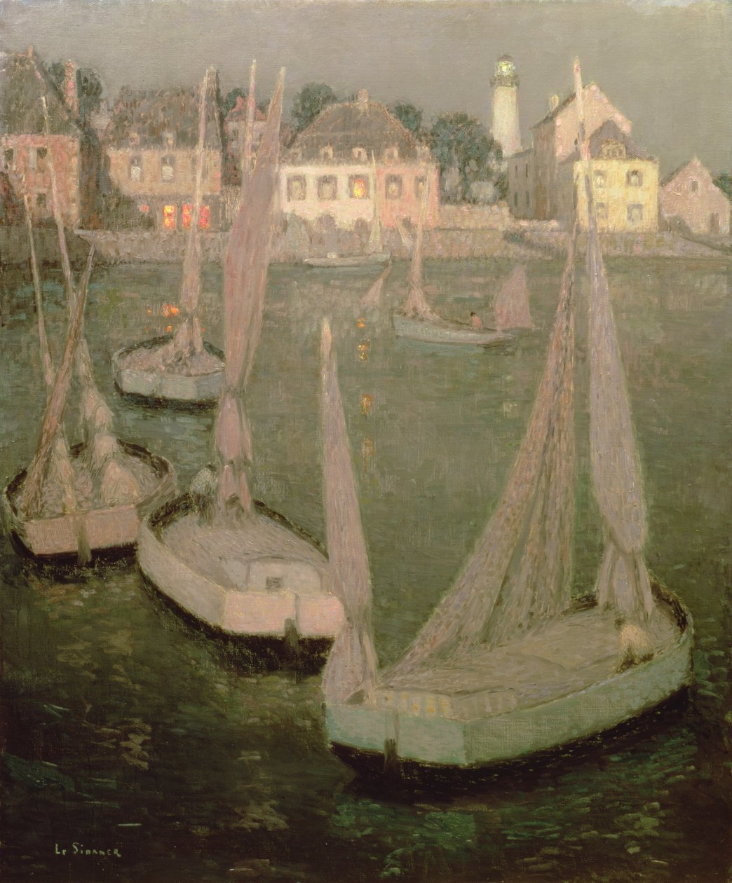 Puerto de Bretaña a la luz de la luna de Henri Eugene Augustin Le Sidaner