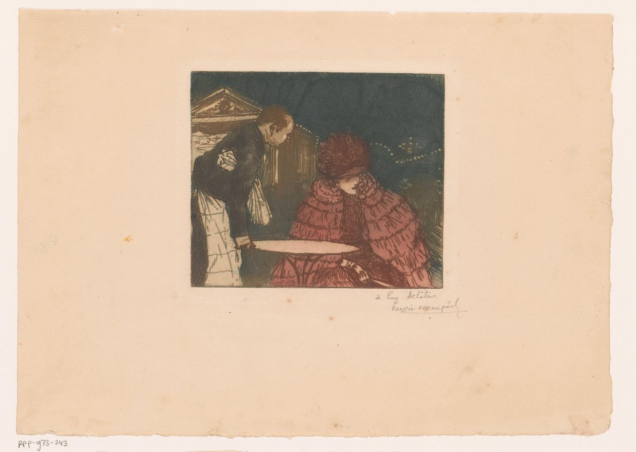 Mujer en una terraza con camarero de Henri Evenepoel (signed by artist)