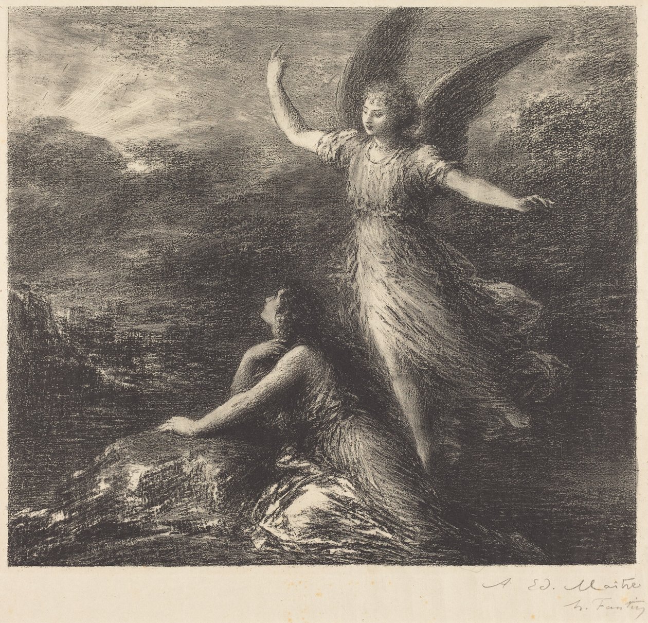Debut de «El paraíso y la peri» (2.ª plancha) de Henri Fantin-Latour