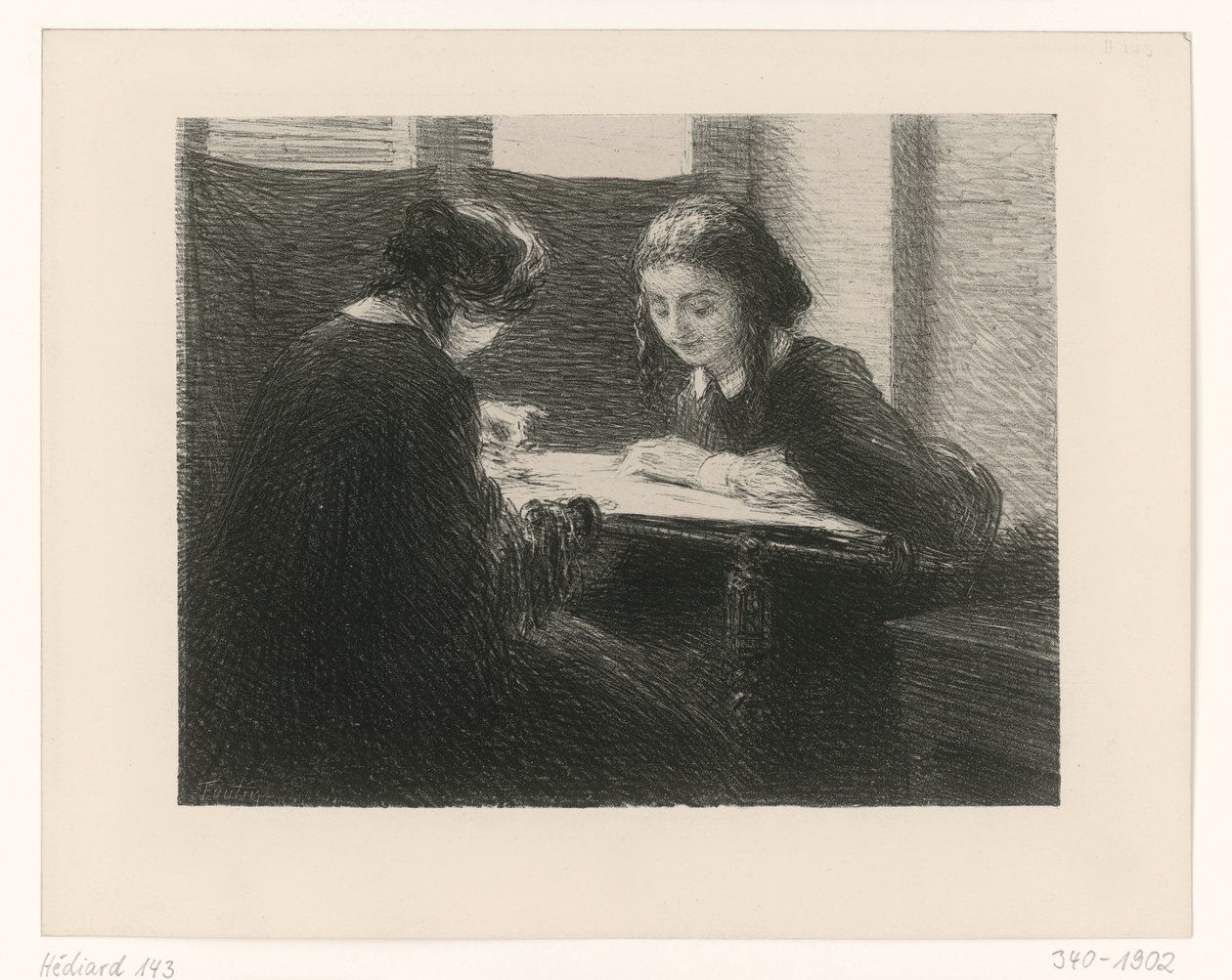 Chicas que pegan pegatinas. Dos mujeres sentadas a la mesa de Henri Fantin-Latour