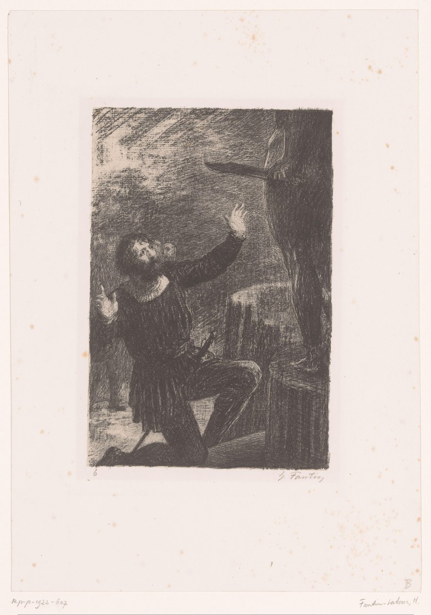 Cellini se arrodilla ante su estatua de bronce de Perseo
Benvenuto Cellini. Acto III. La fuente de Persée
Vida y obra de Hector Berlioz (título de la serie) de Ignace Henri Jean Fantin Latour