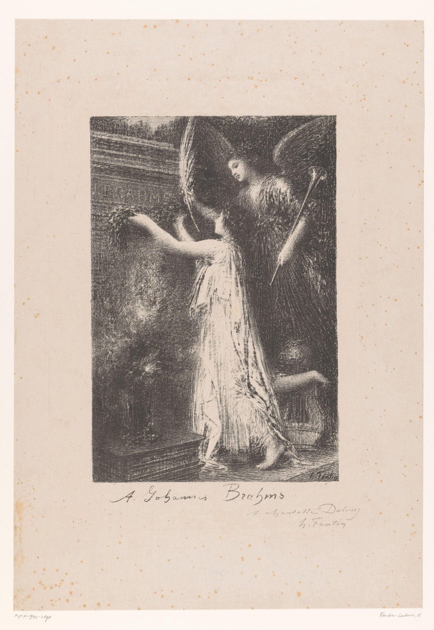 Un ángel y una personificación de la fama llevan una corona de honor a la tumba de Johannes Brahms
Á Johannes Brahms (título en el objeto) de Ignace Henri Jean Fantin Latour
