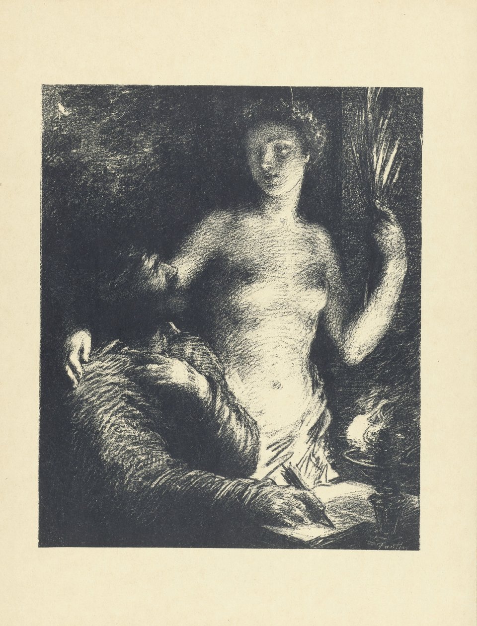 Hombre sentado con pluma en mano y libro abierto y mujer desnuda de pie junto a él como musa o inspiración Inspiración L