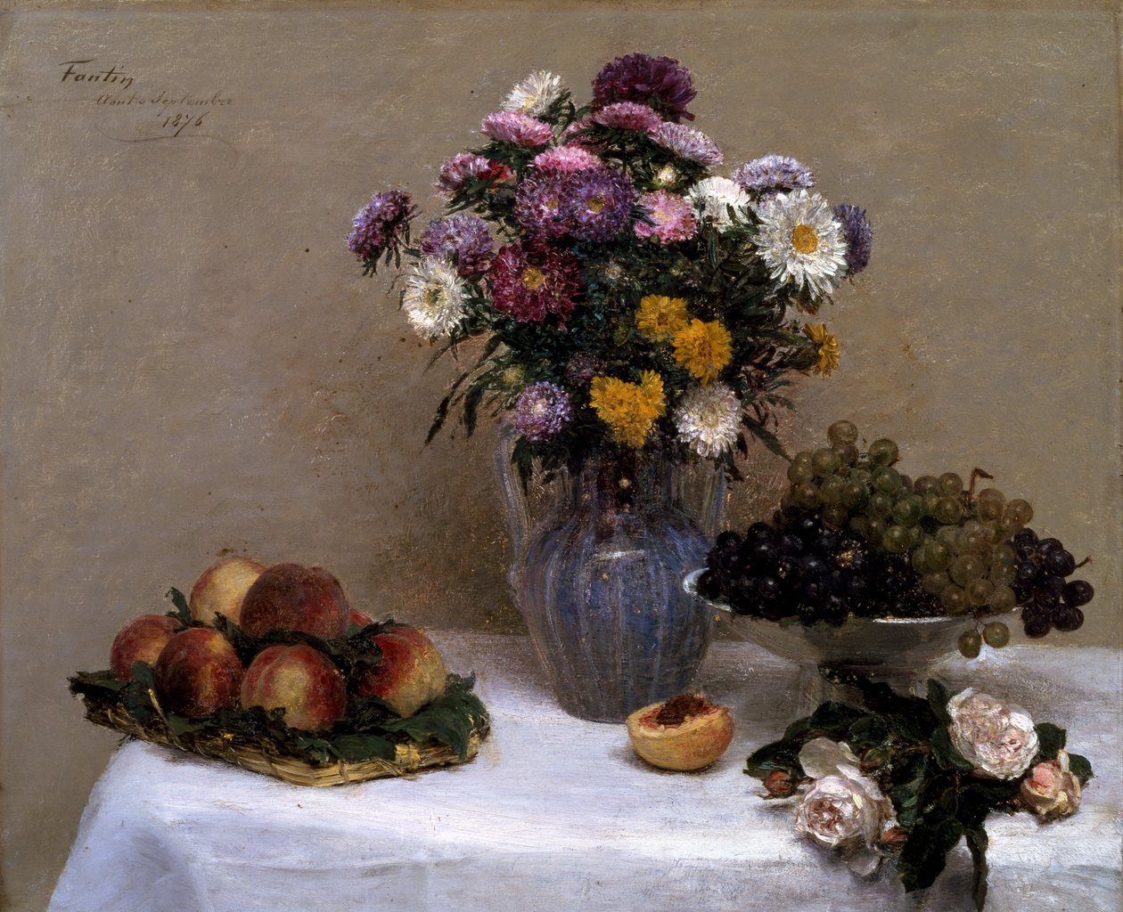 Rosas blancas y crisantemos en un jarrón de Ignace Henri Jean Fantin Latour