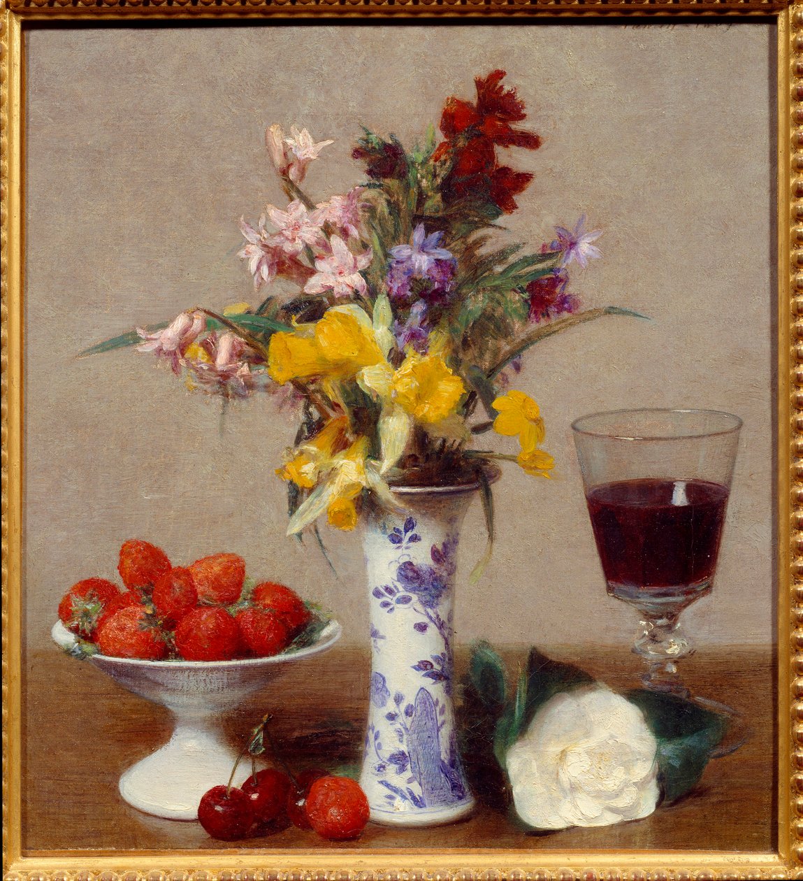 Naturaleza muerta llamada el compromiso. Un vaso de vino tinto, un ramo de mezcla, cerezas y fresas. Pintura de Henri Fantin-Latour de Ignace Henri Jean Fantin Latour